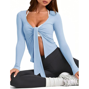 <b>Women</b> Light Blue <b>Long</b> Sleeve Yoga <b>Top</b> Criss Cross Neck Solid Color Breathable Activewear Full Sleeve Fitness Shirt - Product Image 1