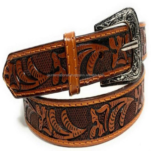 Fabriqué en Inde Ceinture d'outillage en cuir occidental en relief à la main sculptée à la main pour boucle florale en laiton antique solide unisexe - Product Image 1