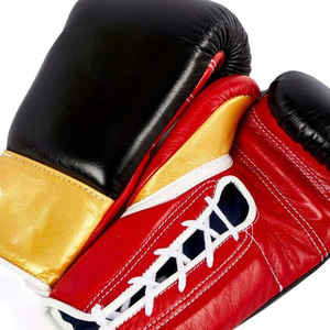 Gants de boxe professionnels d'entraînement et de sparring noirs et rouges, fabriqués en cuir 100% authentique, à lacets – Créez votre propre marque - Product Image 3
