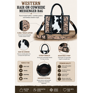Sac messager vintage en cuir à motif vachette, fourre-tout western floral gravé, bandoulière zippée grande capacité pour usage quotidien - Product Image 3