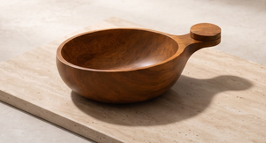 Walnut Finished <b>Mango</b> <b>Wood</b> Serving <b>Bowl</b> Round Salad <b>Bowl</b> with Integrated Wooden Handle and Top Knob Grip - Product Image 2