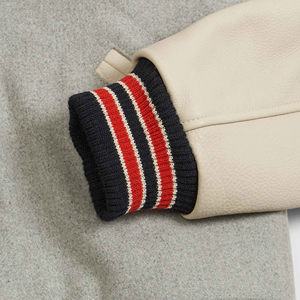 Chaqueta Varsity para Hombre, Mezcla de Lana, Gris Beige, Mangas de Cuero, Cuello Camisero, Estilo Preppy, Ropa de Otoño - Product Image 3
