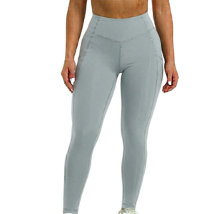 <b>Slate</b> Grey Color Leggings with Pocket High Waist Full Length Knitted Spandex Polyester Breathable Quick Dry Women's Activewear - Product Image 3