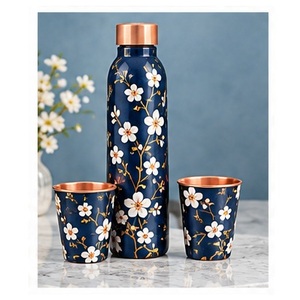 Ayurvedic Copper <b>Water</b> <b>Bottle</b> Set with Floral Design Portable Travel <b>Thermos</b> and Cups Navy Blue - Product Image 1