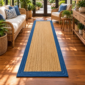 Rustic Blue Border Jute <b>Runner</b> <b>Rug</b> Natural Beige Handwoven Natural Fiber Boho Farmhouse Entryway Hallway Handmade Floor Carpet - Product Image 1