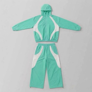Ensemble de survêtement unisexe bleu et blanc à blocs de couleur, coupe-vent en nylon, à capuche, manches longues, fermeture éclair, style sportif, pour l'été, adulte - Product Image 1
