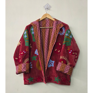 Prairie Chic Embroidered Woven Velvet <b>Quilted</b> <b>Jacket</b> Red Floral <b>Pattern</b> Spread Collar Full Sleeve Autumn Women's Wear - Product Image 2
