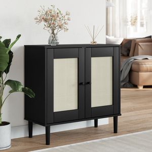 Credenza in Legno di Pino Massiccio Nero e Legno Ingegnerizzato con Elementi in Poly Rattan - Product Image 1