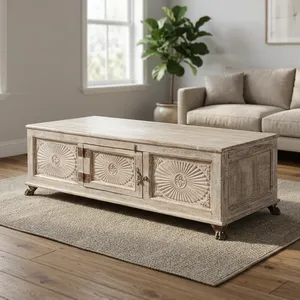 Mesa de Centro Vintage de Madera con Diseño Floral Tallado a Mano, Mueble Rústico de Estilo Campestre con Una Puerta para Sala de Estar, Dormitorio o Comedor - Product Image 5