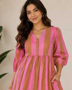 Robe Courte Rose Marron Rayée Col V Coupe Trapèze Manches Bouffantes Taille Naturelle 100% Coton Imprimé Numérique Décontractée Formelle Simple Robe d'Été - Product Image 3