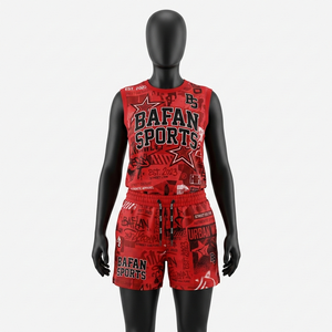 Conjunto de camiseta sin mangas y pantalones cortos para mujer, 180 GSM, poliéster interlock jersey, rojo, estilo urbano, ropa deportiva con logo personalizado - Product Image 3