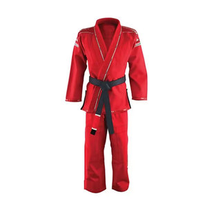 Kimono de judo rouge unisexe pour adulte, 100 % coton, durable, vêtement d'arts martiaux, coupe classique, teint uni, avec ceinture noire - Product Image 1