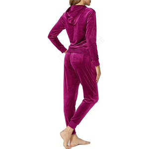 Survêtement à capuche en velours violet pour femme, fermeture éclair intégrale, manches longues, pantalon de jogging, couleur unie, tenue décontractée d'hiver, coupe classique - Product Image 2