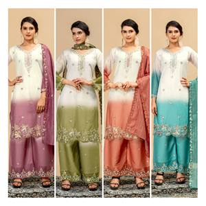Ensemble Kurti Plazzo Dupatta pour femme en Georgette à col en V, séchage rapide, avec broderie de perles lourdes, ajouré et tissage Zari, style ethnique de mariage - Product Image 5