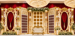 Scène de réception de mariage indienne grandiose de style Bollywood classique, blanc et or, avec canapé, thème palais, pour événements de fiançailles en Australie - Product Image 5