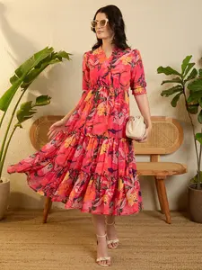 Vestido de Georgette con Estampado Rosa y Volantes, Diseño de Alta Gama, Ropa de Diseñador de Moda para Fiestas y Estilo Único para Exportación - Product Image 5