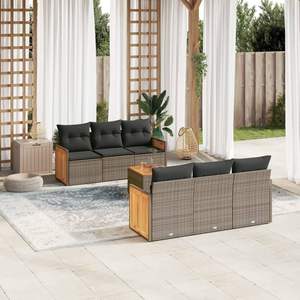 Ensemble de canapés de jardin en rotin gris avec coussins, 6 places, mobilier d'extérieur, structure en teck, design contemporain - Product Image 1