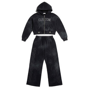 OEM Custom Winter Casual Heavyweight Patch Rhinestone Embroidery Acid Wash Set Flared Sweatpants <b>Zip</b>-<b>Up</b> Hoodie Unisex Tracksuit - Product Image 4