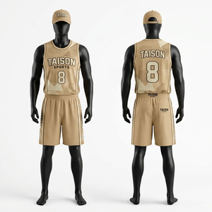 Ensemble short et maillot de basket pour homme, tissu polyester haute qualité 180 GSM, beige et or avec empiècements contrastants, coupe athlétique, personnalisable par sublimation - Product Image 1