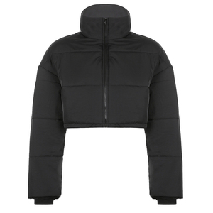 <b>Women's</b> <b>Black</b> Cropped Quilted Puffer Jacket Stand Collar Zip Up <b>Winter</b> <b>Coat</b> - Product Image 1