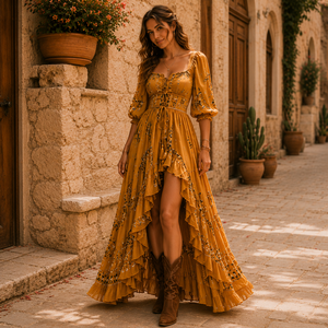 Vestido Maxi Bohemio para Mujer, Floral, Sólido, Antipilling, Transpirable, Antiarrugas, Tejido, Informal, de Verano - Product Image 1