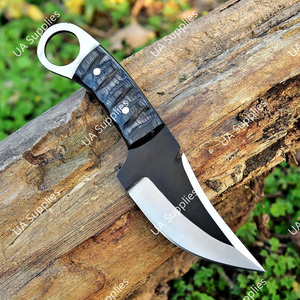 Couteau de chasse à lame fixe de haute qualité avec trou pour le pouce, lame tranchante comme un rasoir, manche en bois de Pakka sculpté noir, étui en cuir - Product Image 5