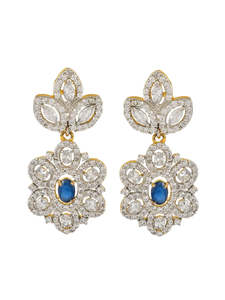 Parure de bijoux de fête classique pour femme, plaqué or bleu saphir, style indien, long collier Rani Haar, boucles d'oreilles, pour mariée - Product Image 5