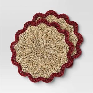 Wholesale Natural Woven Seagrass Placemat Scalloped Edge Red Trim Handcrafted Round <b>Table</b> Mat <b>for</b> Dining Room Kitchen Decor - Product Image 1