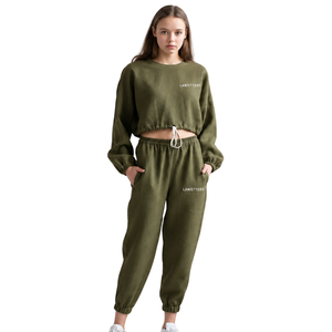 Womens Cropped Crew Neck Sweatshirt <b>Trousers</b> Tracksuit Set Casual Fleece Two Piece Lounge Outfit Elastic Waist Cuffed <b>Trousers</b> - Product Image 1