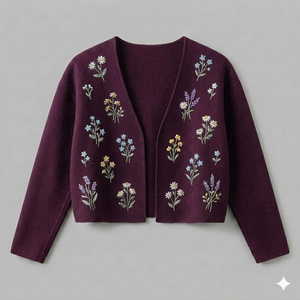 Cárdigan de punto con bordado floral para mujer, manga larga, cuello en V, longitud corta, estilo bohemio, ropa de otoño - Product Image 1