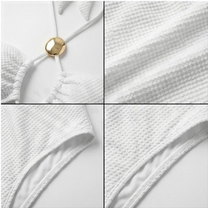 <b>White</b> Halter One-Piece Swimsuit With Hollow Out Design And Gold Beads Women's Beachwear - Product Image 4