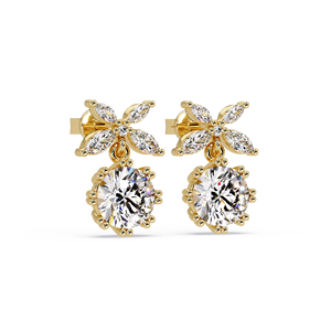 Pendientes Colgantes Florales de Oro Puro de 14K con Diamantes Cultivados en Laboratorio de Corte Redondo Certificados por IGI, Hoja Marquise y Mariposa, Joyería Fina para Mujer - Product Image 2