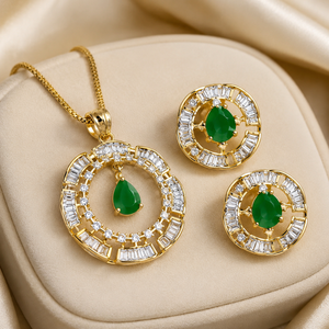 Luxury <b>Gold</b> Tone Diamond <b>Pendant</b> Necklace and Stud Earrings Set with Sparkling Baguette CZ Halo for Women Gift - Product Image 3