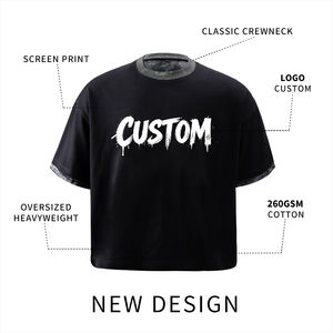 Camiseta de algodón 100% personalizada 2026 para streetwear, estampado serigráfico, peso pesado 260GSM, cuello oversize con patchwork, para unisex - Product Image 3
