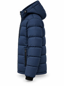 Men's Navy Hooded Puffer <b>Jacket</b> Winter Warm Windproof <b>Casual</b> Zipper Front Solid Color Polyester Wadding Thick Regular Fit - Product Image 3