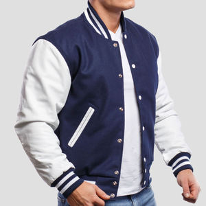 Chaqueta Varsity para Hombre, Azul Marino y Blanco, Chaqueta Universitaria de Béisbol Personalizada con Mangas de Cuero PU, Fabricante OEM - Product Image 1