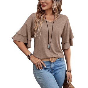 Women's Olive Green Crop <b>Top</b> <b>Cap</b> <b>Sleeve</b> O-Neck Loose Fit Knitted Cotton Casual T-Shirt Spring Summer Solid Color Breathable - Product Image 3