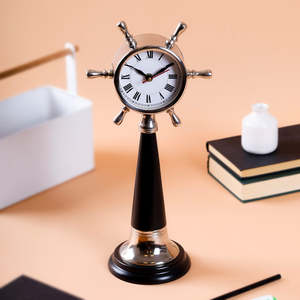 <b>Vintage</b> Nautical Ship Wheel Table <b>Clock</b> with Polished Silver Finish and Black Wooden Pedestal Decorative Maritime Desk <b>Clock</b> - Product Image 6