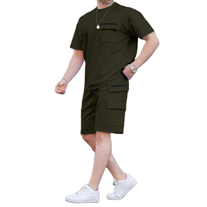 Summer New Men Casual Solid Color Short Sleeved Round Neck T shirt and Shorts <b>Set</b> Multi Pocket Fashionable Commuting 2 <b>Pc</b> <b>Set</b> - Product Image 2