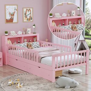 Letto singolo rosa per bambini con testiera con vano portaoggetti, due cassetti sotto il letto e tre sponde laterali per sicurezza e protezione - Product Image 5