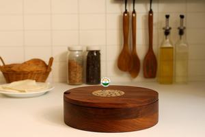 Handmade Indian Spice <b>Box</b> Masala Dabba – <b>Floral</b> Burnt Rosewood Wooden Spice Organizer with 9 Compartments - Product Image 2