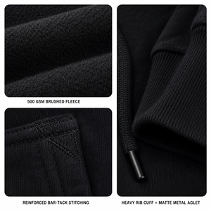 Men's <b>Black</b> Hooded Fleece <b>Sweatshirt</b> Regular Fit Solid Color Casual Pullover Front Pocket Cotton Material Breathable 300g Winter - Product Image 6