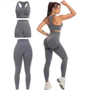 Women's Yoga Set Racerback Crop Top High <b>Waist</b> <b>Leggings</b> Solid Gray Spandex Polyester Four-Way Stretch Seamless Design - Product Image 4