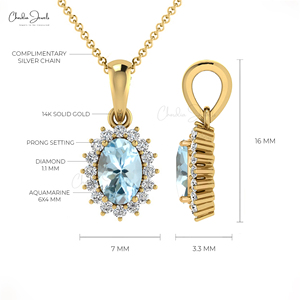 Colgante Personalizado Hecho a Mano de Oro Sólido de 14k con Aguamarina Genuina de 6x4mm Engastada en Puntas y Diamante G-H de 1.1mm, Piedra de Nacimiento de Marzo - Product Image 4