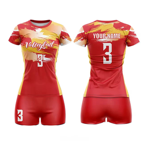 Ensemble d'uniformes de volley-ball personnalisés pour femmes, design éclaboussures d'eau rouge et jaune, manches courtes, kit professionnel - Product Image 1