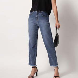 High Waist Womens Straight Leg <b>Denim</b> Jeans Frayed Raw Hem Blue <b>Stretch</b> Pants Casual Ankle Length Trouser Spring Style - Product Image 2