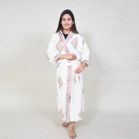 Robe longue pour femme, imprimée à la main, motif floral blanc, col en V, manches trois-quarts, vêtement de nuit décontracté, été/hiver, 100% coton, tissu gaufré