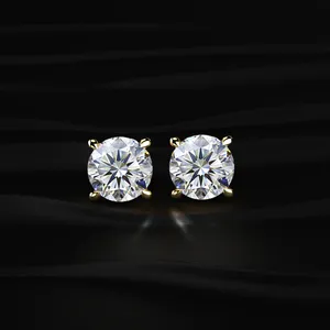 Boucles d'oreilles clous solitaires en or brillant avec halo caché et diamant rond de 1,12 carat pour soirée - Product Image 1