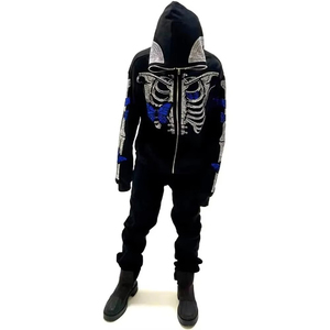 Men's Black Hooded Tracksuit Set With Rhinestone <b>Skeleton</b> Print <b>Full</b> Sleeve Zipper Pants Streetwear Winter Wear Regular Fit - Product Image 4