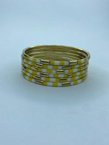 Handmade Brass Bangle Set of 6 yellow and White Polka Dot & Striped <b>Resin</b> Inlay Bracelets Stackable Geometric Statement Jewelry - Product Image 6